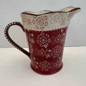 Pottery Signature Stoneware Red and white Farmhouse Cottagecore Floral Pitcher